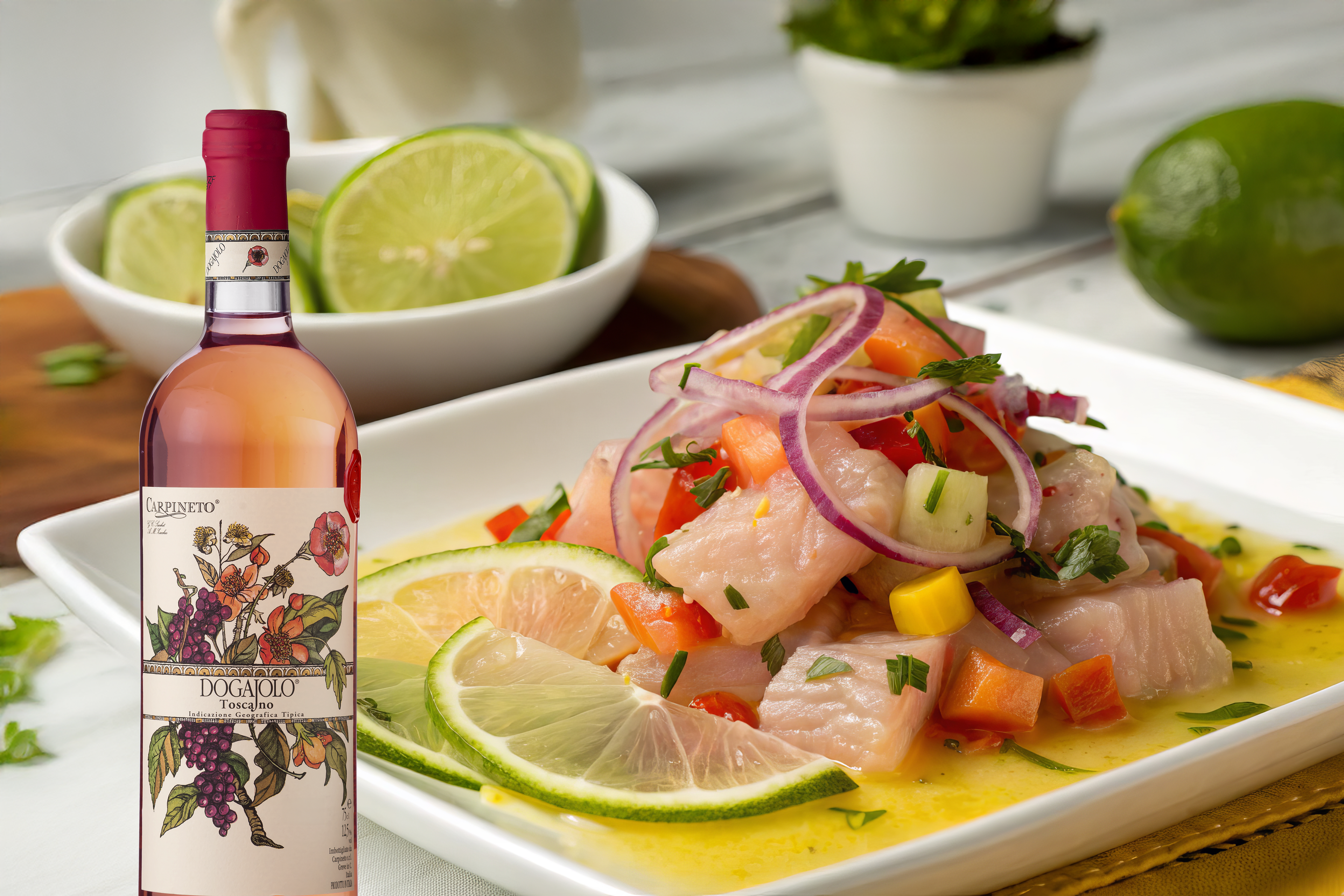 Rosé d’estate: Dogajolo Rosato e ceviche di ricciola con agrumi
